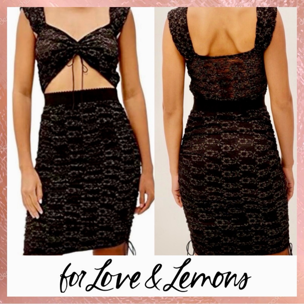 Nwt New For Love & Lemons Joanna Black Gold Ruched Lace Semi Sheer Dress Small S